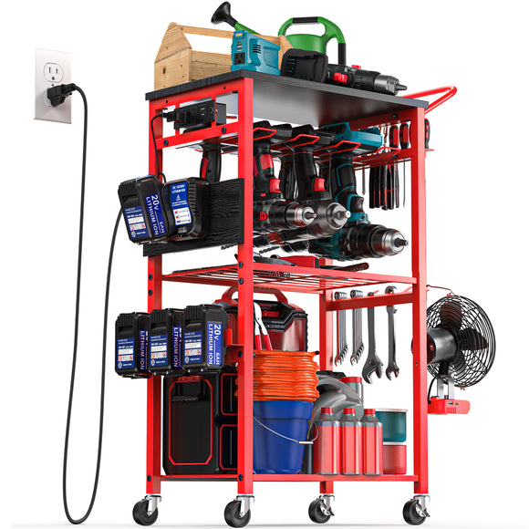 Workbench with Pegboard for Milwaukee Tools,Livowalny Work Bench Power Tools Organizer Cart Garage Storage with Wheels & Power Outlets