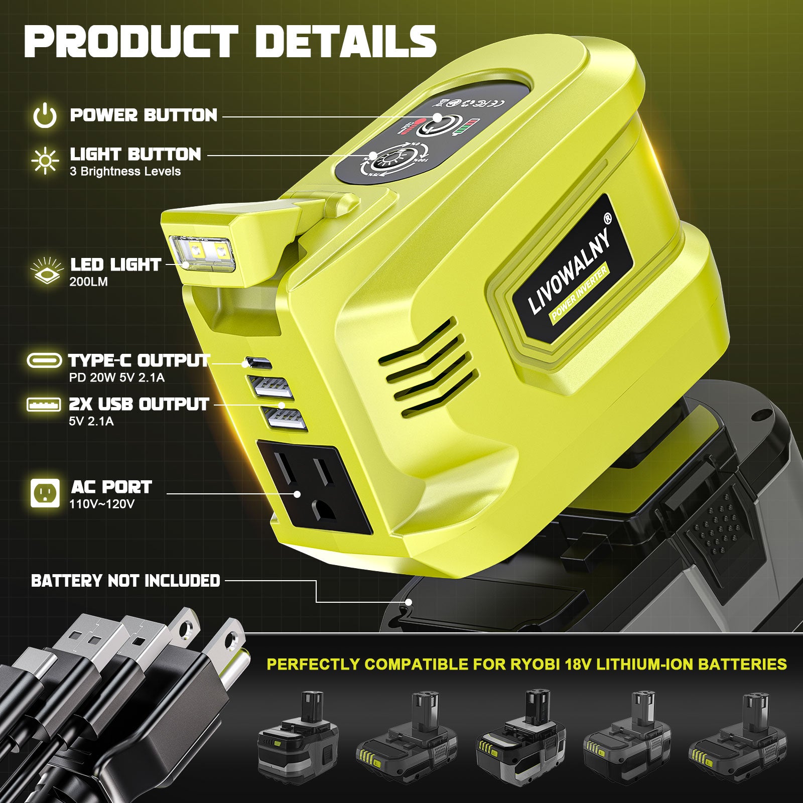 LIVOWALNY 200W Power Inverter for Ryobi 18V Battery, DC 18V to AC 110-120V Battery Inverter - 0