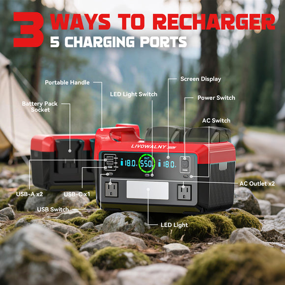 LIVOWALNY Portable Generator DC 18V to AC 110V,550W Power Station Compatible with Milwaukee