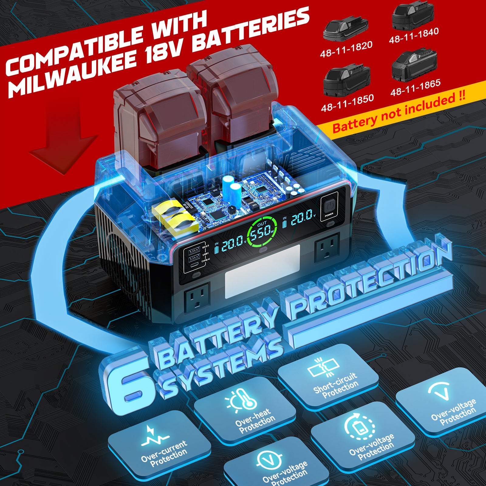 LIVOWALNY Portable Generator DC 18V to AC 110V,550W Power Station Compatible with Milwaukee