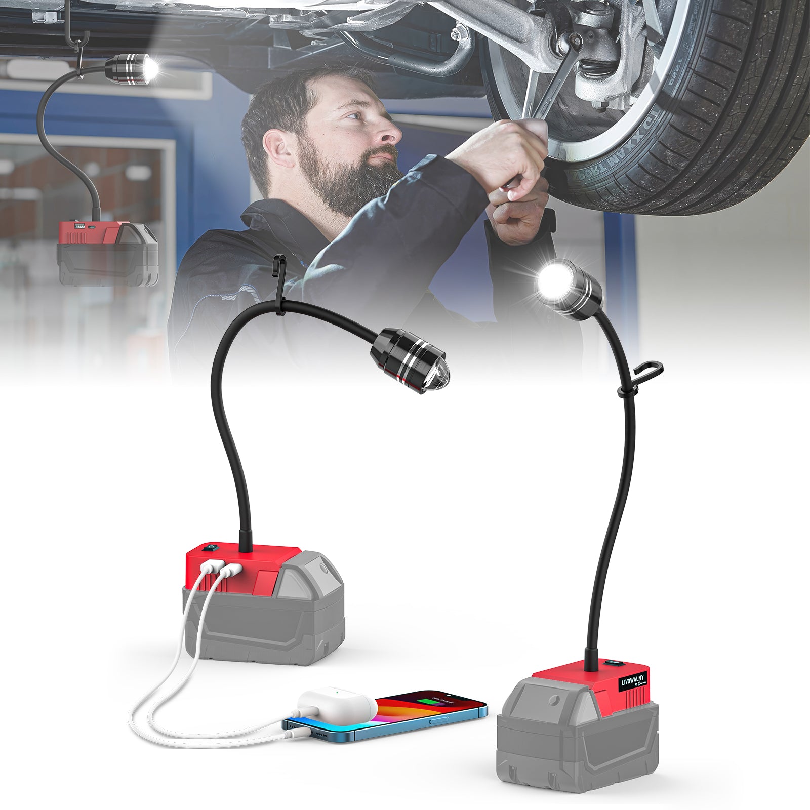 LIVOWALNY 2PCS LED Work Light for Milwaukee 18V Battery, 20W