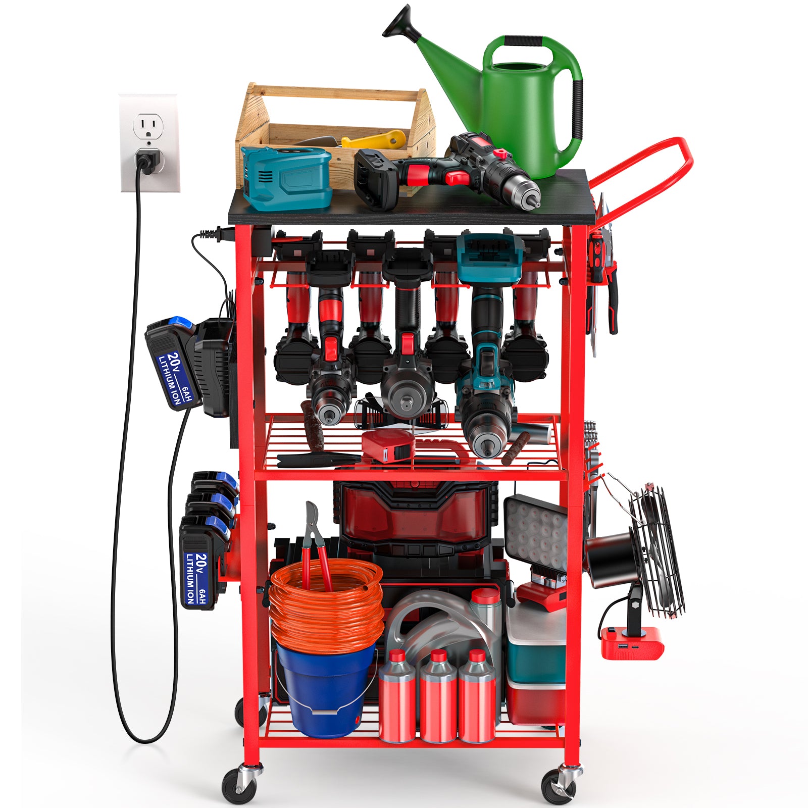 Workbench with Pegboard for Milwaukee Tools，Livowalny Work Bench Power Tools Organizer Cart Garage Storage with Wheels & Power Outlets