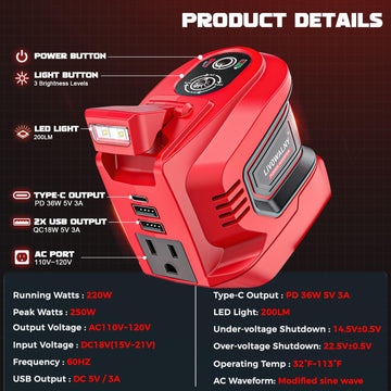 LIVOWALNY 220-250W Power Inverter Compatible with Milwaukee 18V Battery - DC 18V to AC 110-120V Power Station with 1 AC Outlet - 2 USB 1 Type-C & LED Light for Camping Power Outage - Tool Only(2 Pack) - 0