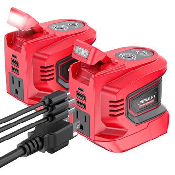 LIVOWALNY 220-250W Power Inverter Compatible with Milwaukee 18V Battery - DC 18V to AC 110-120V Power Station with 1 AC Outlet - 2 USB 1 Type-C & LED Light for Camping Power Outage - Tool Only(2 Pack)