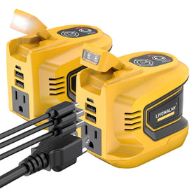 LIVOWALNY 220W-250W Power Inverter Compatible with DeWALT 20V Battery (Battery Not Included), DC 20V to AC 110V-120V Portable Inverter, 1 AC Outlet, 2 USB Ports & 1 Type-C Port, LED Work Light(2-Pack)