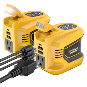 LIVOWALNY 220W-250W Power Inverter Compatible with DeWALT 20V Battery (Battery Not Included), DC 20V to AC 110V-120V Portable Inverter, 1 AC Outlet, 2 USB Ports & 1 Type-C Port, LED Work Light(2-Pack)