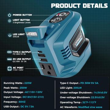 LIVOWALNY 220W-250W Power Inverter Compatible with Makita 18V Battery, DC 18V to AC 110-120V Power Station with 1 AC Outlet, 2 USB, 1 Type-C & LED Light, for Camping Power Outage (No Battery) (2-Pack) - 0