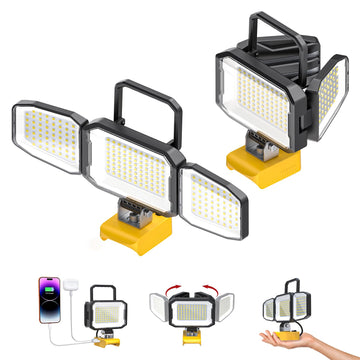 2PCS LED Work Light Compatible with 20V Battery, 150W 15000LM Flood Light, 6500K Daylight 3-Head Adjustable, USB Type-C&2 Brightness Modes Portable Flashlight Job Site Light (No Battery)