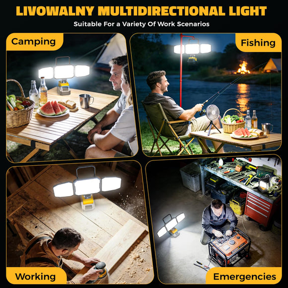 2PCS LED Work Light Compatible with 20V Battery, 150W 15000LM Flood Light, 6500K Daylight 3-Head Adjustable, USB Type-C&2 Brightness Modes Portable Flashlight Job Site Light (No Battery)