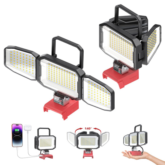 2PCS LED Work Light Compatible with Milwaukee 18V Battery, 150W 15000LM Flood Light, 6500K Daylight 3-Head Adjustable, USB Type-C&2 Brightness Modes Portable Flashlight Job Site Light (No Battery)