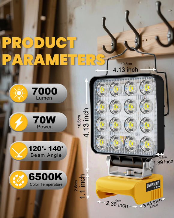 LIVOWALNY Cordless LED Work Light Compatible with Dewalt 20v Battery, 70W 7000LM Flashlight Portable LED Flood Battery Light with USB A & USB C Charging Output Port for Emergency Outdoors and Job Site