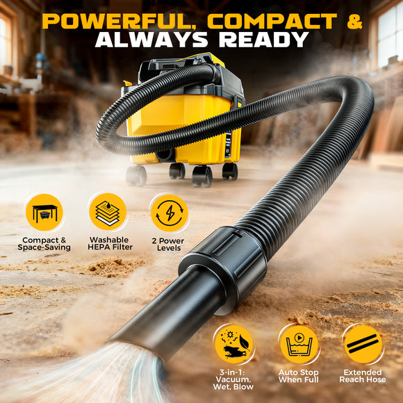 Ecarke 2.5-Gal 3-in-1 Cordless Wet/Dry Vacuum for DeWalt 20V Batteries (No Battery)