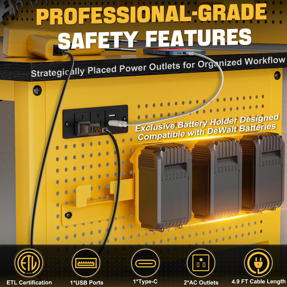 Ferreteriai 47" Heavy Duty Workbench with Power Outlet & USB-C, Exclusive Yellow Side Battery Holder