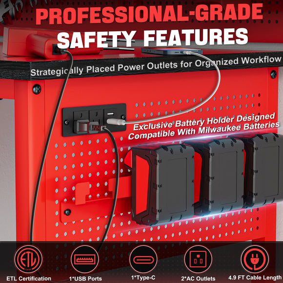 Ferreteriai 47" Heavy Duty Workbench with Power Outlet & USB-C, Exclusive Red Side Battery Holder