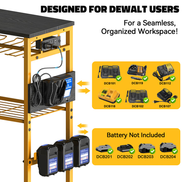 Workbench with Pegboard for DeWalt Tools, Livowalny Work Bench Power Tools Organizer Cart Garage Storage with Wheels & Power Outlets