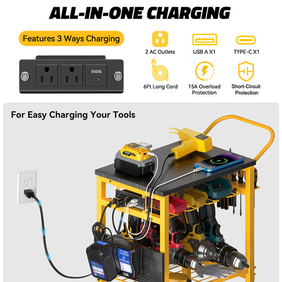 Workbench with Pegboard for DeWalt Tools, Livowalny Work Bench Power Tools Organizer Cart Garage Storage with Wheels & Power Outlets