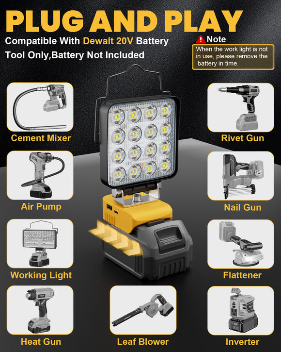 LIVOWALNY Cordless LED Work Light Compatible with Dewalt 20v Battery, 70W 7000LM Flashlight Portable LED Flood Battery Light with USB A & USB C Charging Output Port for Emergency Outdoors and Job Site