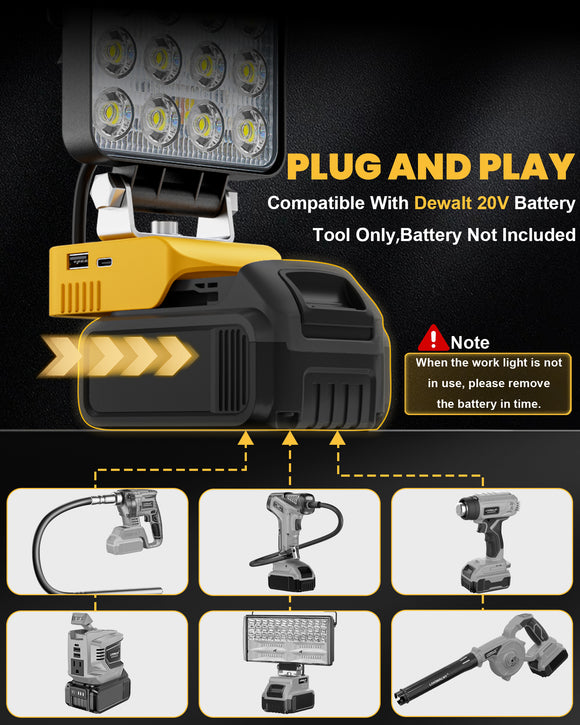 LIVOWALNY Cordless LED Work Light Compatible with Dewalt 20v Battery, 70W 7000LM Flashlight Portable LED Flood Battery Light with USB A & USB C Charging Output Port for Emergency Outdoors and Job Site
