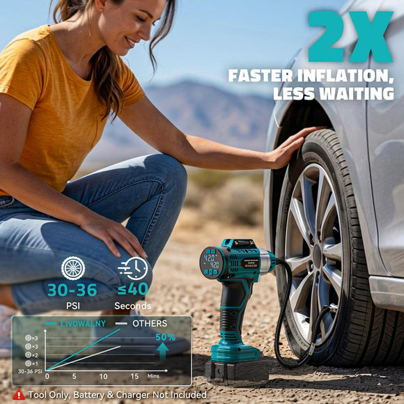 160PSI Cordless Tire Inflator Portable Air Compressor Compatible with Ma-kita 18V Battery, LIVOWALNY 12Ft Cord-12V DC-Powered Air Pump with Digital Pressure Gauge, Auto Shut-Off for Car (Tool Only)