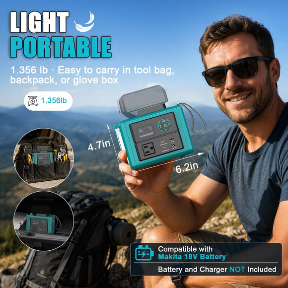 LIVOWALNY 350W Portable Power Inverter Compatible with Makita 18V Battery (Tool Only), Compact Station: 2x70W USB-C PD, AC, USB-A, 12V DC, 800lm LED & Display – Camping, Jobsite, Road Trip, Emergency