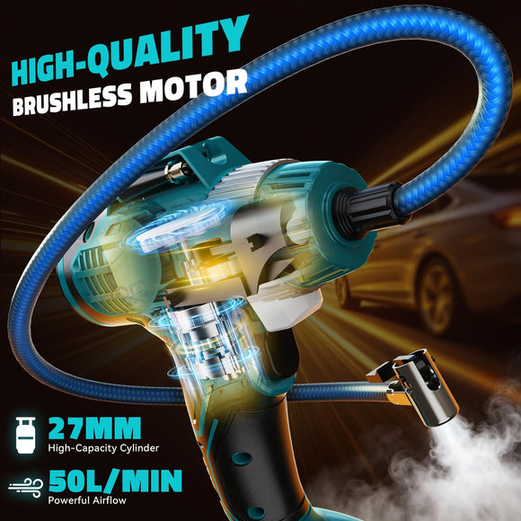 160PSI Cordless Tire Inflator Portable Air Compressor Compatible with Ma-kita 18V Battery, LIVOWALNY 12Ft Cord-12V DC-Powered Air Pump with Digital Pressure Gauge, Auto Shut-Off for Car (Tool Only)
