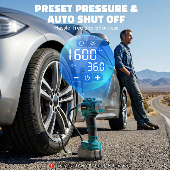 160PSI Cordless Tire Inflator Portable Air Compressor Compatible with Ma-kita 18V Battery, LIVOWALNY 12Ft Cord-12V DC-Powered Air Pump with Digital Pressure Gauge, Auto Shut-Off for Car (Tool Only)