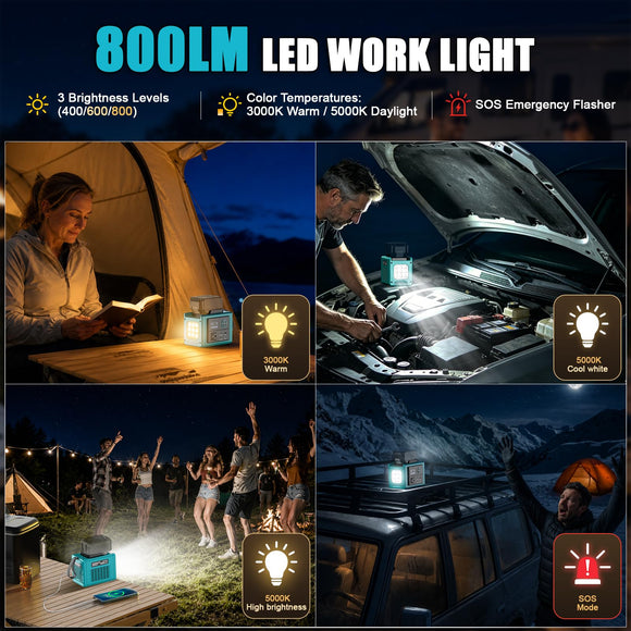 LIVOWALNY 350W Portable Power Inverter Compatible with Makita 18V Battery (Tool Only), Compact Station: 2x70W USB-C PD, AC, USB-A, 12V DC, 800lm LED & Display – Camping, Jobsite, Road Trip, Emergency