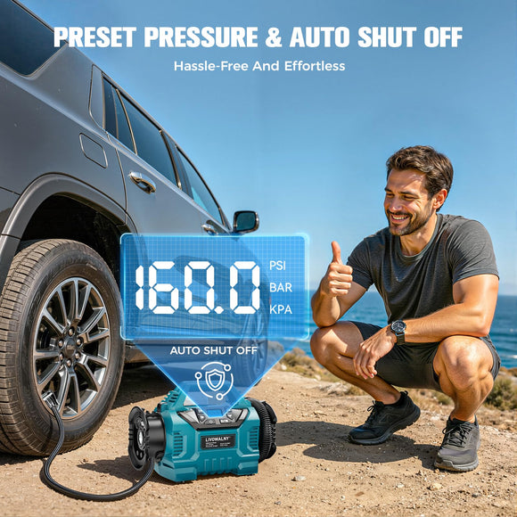3X Faster Cordless Tire Inflator Air Compressor Pump Compatible With Makita 18V Battery, LIVOWALNY 160PSI 12V DC/18V DC with Pressure Gauge & Deflator for Car, Pickup, Air Mattresses (Tool Only)