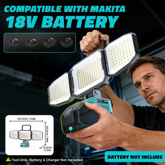 LED Work Light Compatible with MaKita 18V Battery, 150W 15000LM Flood Light, 6500K Daylight 3-Head Adjustable, USB Type-C&2 Brightness Modes Portable Flashlight Job Site Light (Tool Only)