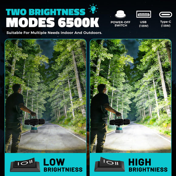 LED Work Light Compatible with MaKita 18V Battery, 150W 15000LM Flood Light, 6500K Daylight 3-Head Adjustable, USB Type-C&2 Brightness Modes Portable Flashlight Job Site Light (Tool Only)