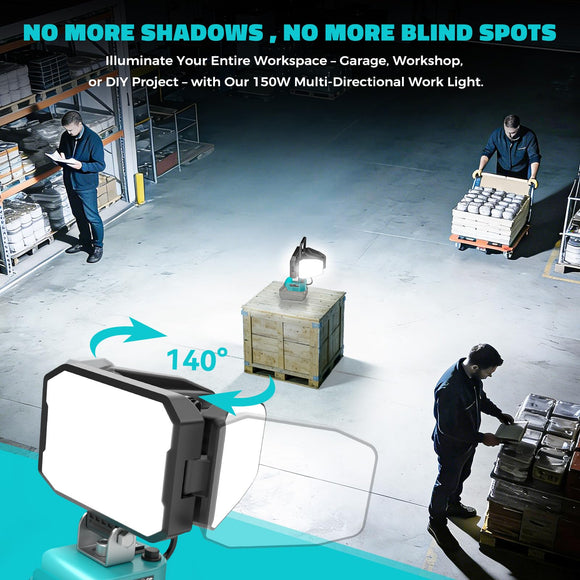 LED Work Light Compatible with MaKita 18V Battery, 150W 15000LM Flood Light, 6500K Daylight 3-Head Adjustable, USB Type-C&2 Brightness Modes Portable Flashlight Job Site Light (Tool Only)