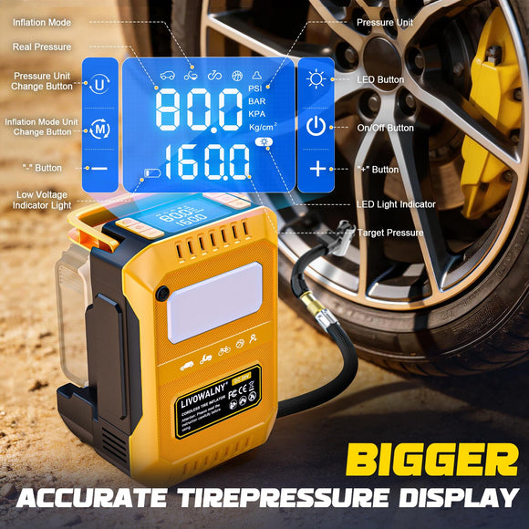 Tire Inflator Air Compressor Compatible with Dewalt 20V Battery, Cordless Bike Pump 160 PSI Car Air Pump with Deflation & LED Lights & Digital LED Display (No Battery)