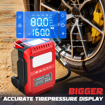 Tire Inflator Air Compressor Compatible with Milwaukee 18V Battery, Cordless Bike Pump 160PSI Car Air Pump with Deflation & LED Lights & Digital LED Display - 0