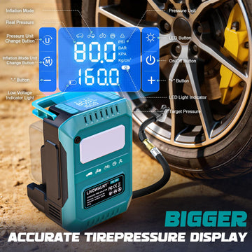 Tire Inflator Air Compressor Compatible with Makita 18V Battery, Cordless Bike Pump 160 PSI Car Air Pump with Deflation & LED Lights & Digital LED Display (No Battery) - 0