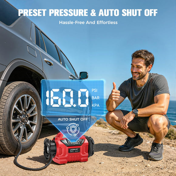 3X Faster Cordless Tire Inflator Air Compressor Pump Compatible With Milwaukee 18V Battery, LIVOWALNY 160PSI 12V DC/18V DC with Pressure Gauge & Deflator for Car, Air Mattresses (Tool Only)
