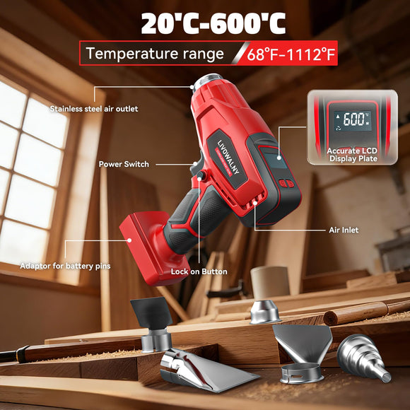Cordless Heat Gun Compatible with Milwaukee 18V Battery 600℃ High Power Hot Air Gun (68°F-1112°F) & Airflow Control Digital Display (Tool Only)