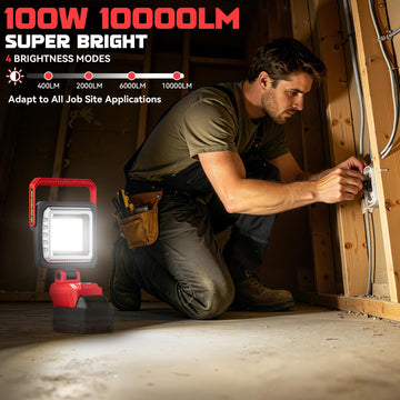 LED Work Light Compatible with Milwaukee 18V Battery, 10000LM Cordless Scene Light, 3 Color Temperatures & 4 Brightness Modes, Rotatable Head, Battery Protection, Heat-Resistant Housing (Tool Only - 0