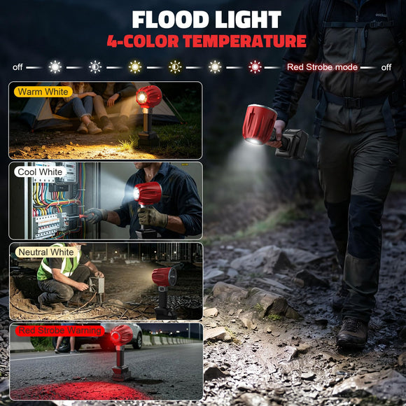 LED Work Light Compatible with Milwaukee 18V Battery, Flashlight & COB Flood Light, 1500LM Ultra Bright, 2 Brightness, 4 Color Temperatures, Red Flashing Warning Light, Battery Protection (Tool Only)