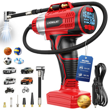 160PSI Cordless Tire Inflator Portable Air Compressor Compatible with Milwaukee 18V Battery, LIVOWALNY 12Ft Cord-12V DC-Powered Air Pump with Digital Pressure Gauge, Auto Shut-Off for Car (Tool Only)