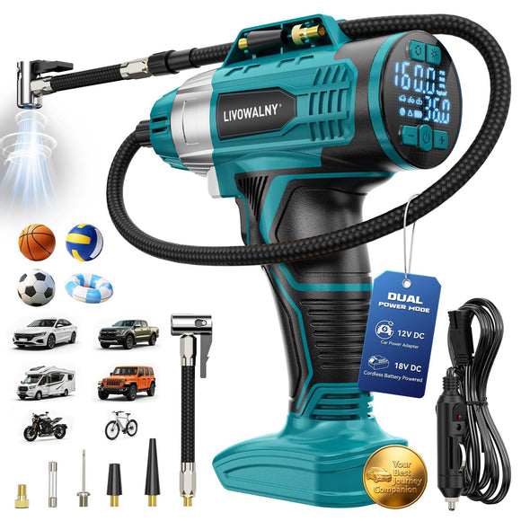160PSI Cordless Tire Inflator Portable Air Compressor Compatible with Ma-kita 18V Battery, LIVOWALNY 12Ft Cord-12V DC-Powered Air Pump with Digital Pressure Gauge, Auto Shut-Off for Car (Tool Only)