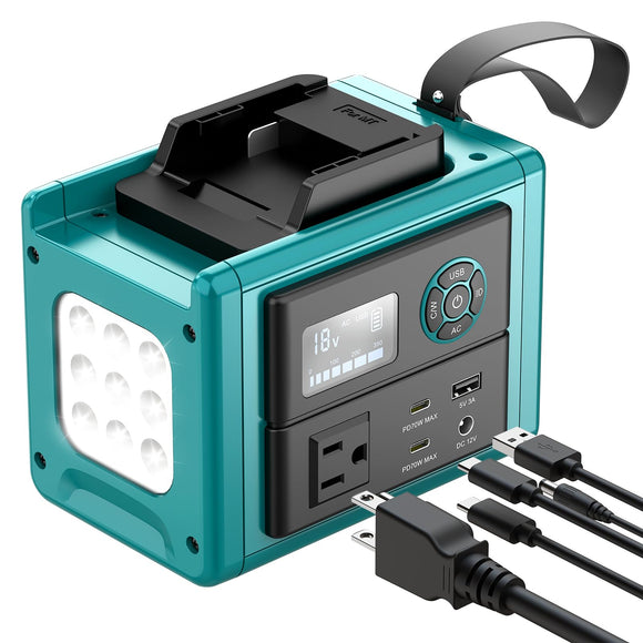 LIVOWALNY 350W Portable Power Inverter Compatible with Makita 18V Battery (Tool Only), Compact Station: 2x70W USB-C PD, AC, USB-A, 12V DC, 800lm LED & Display – Camping, Jobsite, Road Trip, Emergency