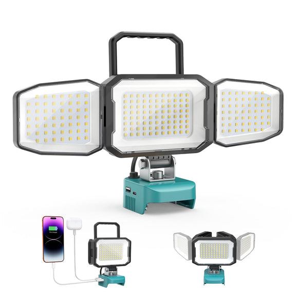 LED Work Light Compatible with MaKita 18V Battery, 150W 15000LM Flood Light, 6500K Daylight 3-Head Adjustable, USB Type-C&2 Brightness Modes Portable Flashlight Job Site Light (Tool Only)