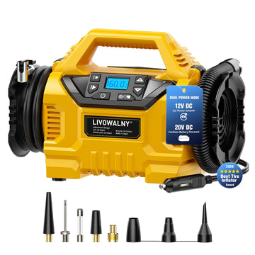 LIVOWALNY 3X Faster Cordless Tire Inflator Air Compressor Pump Compatible with Dewalt 20V Battery, 160PSI 12V DC/20V DC with Pressure Gauge & Deflator for Car, Pickup, Air Mattresses (Tool Only)