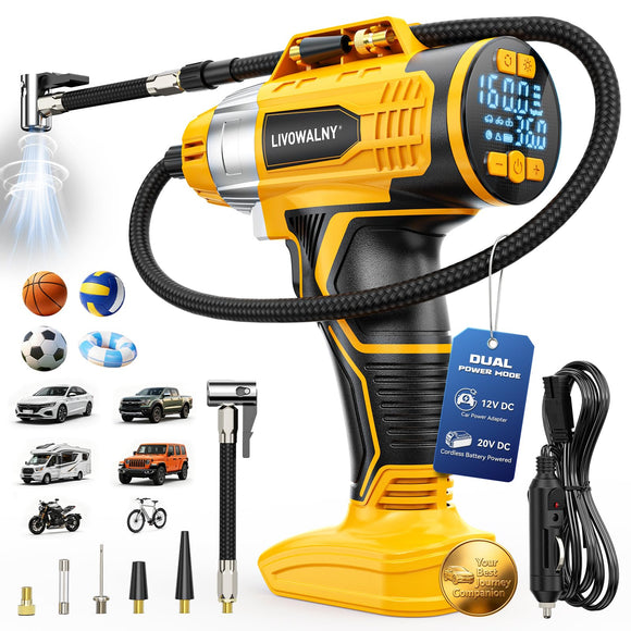 160PSI Cordless Tire Inflator Portable Air Compressor Compatible with Dewalt 20V Battery, LIVOWALNY 12Ft Cord-12V DC-Powered Air Pump with Digital Pressure Gauge, Auto Shut-Off for Car (Tool Only)