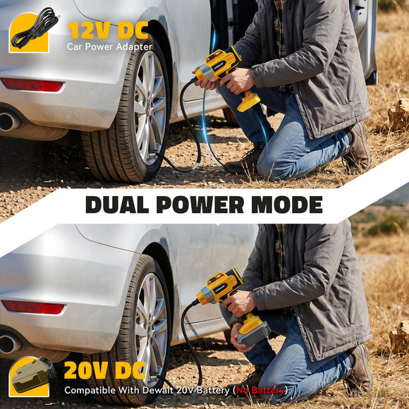 160PSI Cordless Tire Inflator Portable Air Compressor Compatible with Dewalt 20V Battery, LIVOWALNY 12Ft Cord-12V DC-Powered Air Pump with Digital Pressure Gauge, Auto Shut-Off for Car (Tool Only)