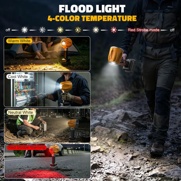LED Work Light Compatible with DeWalt 20V Battery, Flashlight & COB Flood Light, 1500LM Ultra Bright, 2 Brightness, 4 Color Temperatures, Red Flashing Warning Light, Battery Protection (Tool Only)
