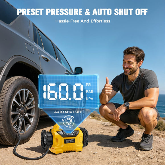 LIVOWALNY 3X Faster Cordless Tire Inflator Air Compressor Pump Compatible with Dewalt 20V Battery, 160PSI 12V DC/20V DC with Pressure Gauge & Deflator for Car, Pickup, Air Mattresses (Tool Only)