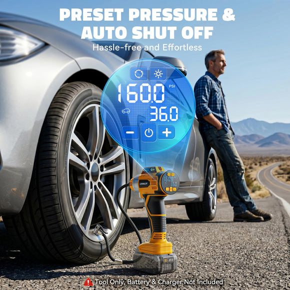 160PSI Cordless Tire Inflator Portable Air Compressor Compatible with Dewalt 20V Battery, LIVOWALNY 12Ft Cord-12V DC-Powered Air Pump with Digital Pressure Gauge, Auto Shut-Off for Car (Tool Only)