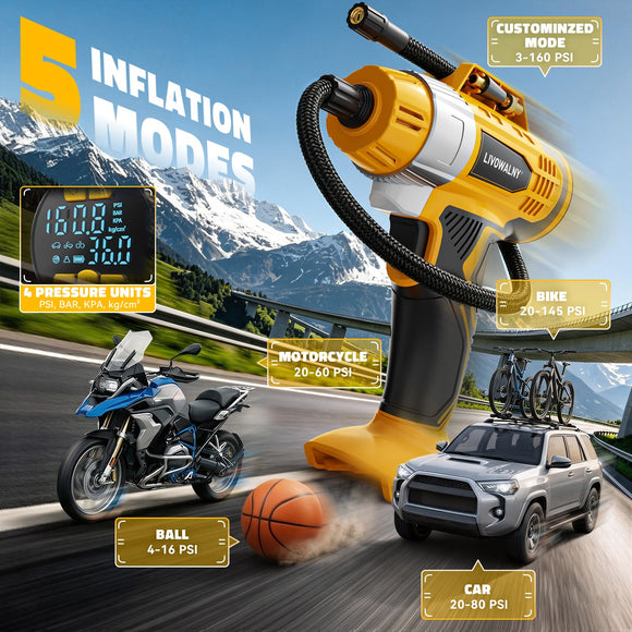 160PSI Cordless Tire Inflator Portable Air Compressor Compatible with Dewalt 20V Battery, LIVOWALNY 12Ft Cord-12V DC-Powered Air Pump with Digital Pressure Gauge, Auto Shut-Off for Car (Tool Only)