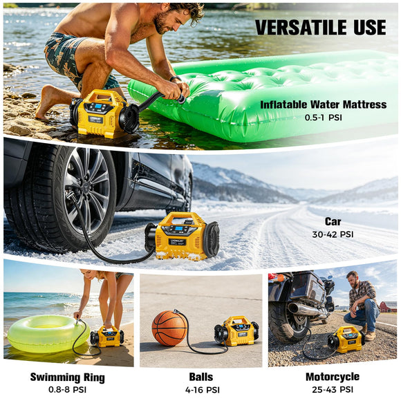 LIVOWALNY 3X Faster Cordless Tire Inflator Air Compressor Pump Compatible with Dewalt 20V Battery, 160PSI 12V DC/20V DC with Pressure Gauge & Deflator for Car, Pickup, Air Mattresses (Tool Only)